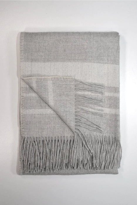 Andes throw Light Grey with Ivory Stripes Blanket Stitch on Sides